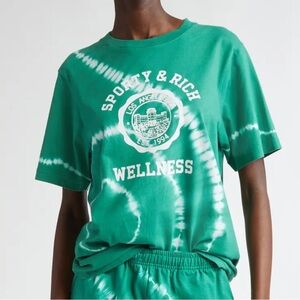 Sporty & Rich Cotton Tie-Dye Short Sleeve Tee ‘Wellness Club’ Green, S, M, NWT
